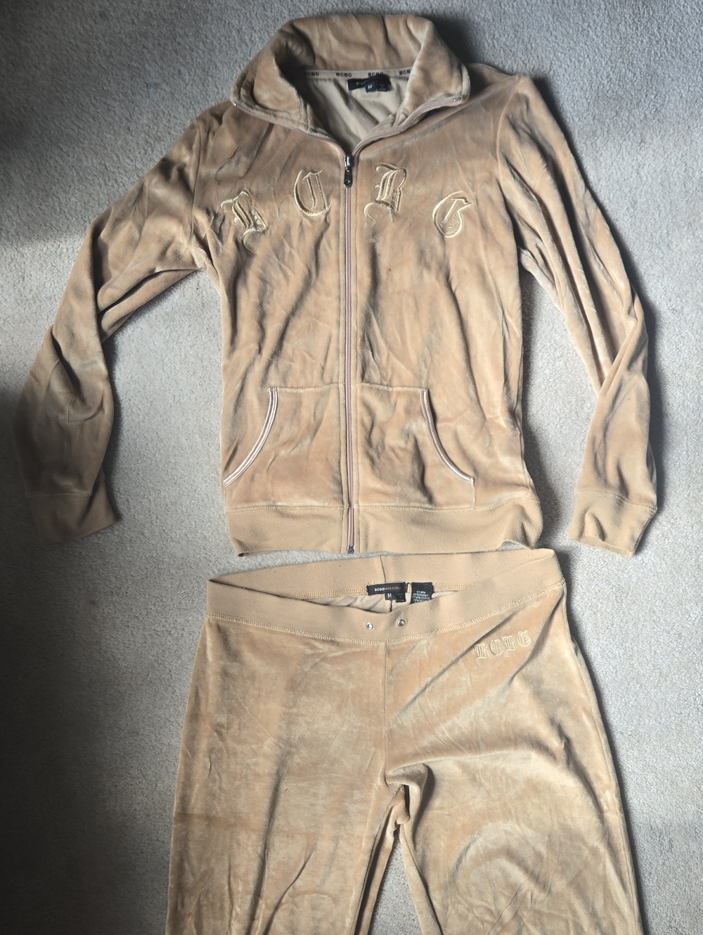 BCBGMaxAzria Tan Velour Zip Hoodie and Joggers Set
